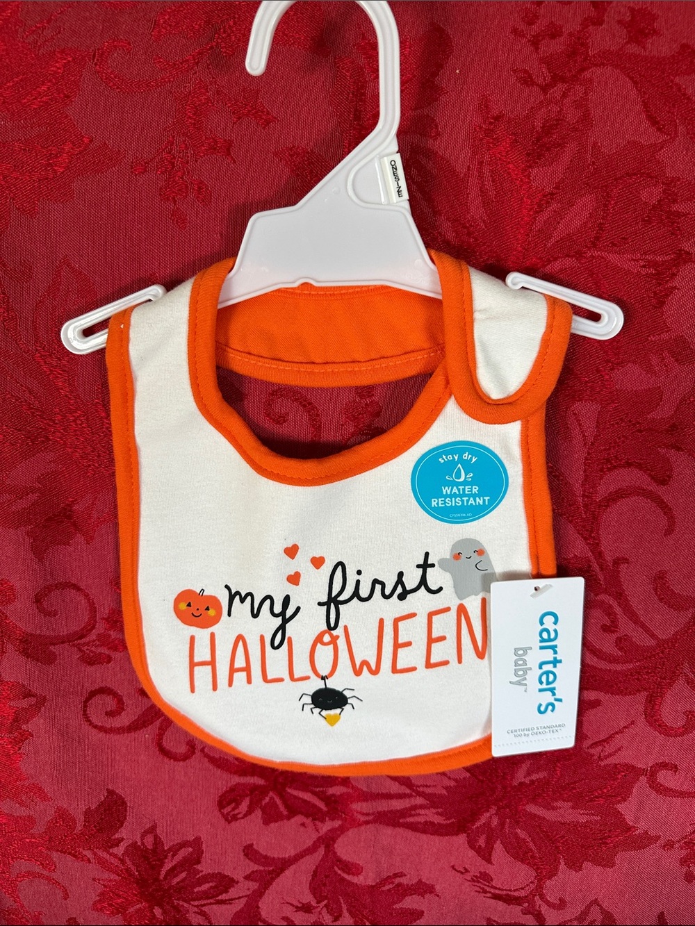 🌵 3/$15 Carter's White Bib with Orange Trim "My First Halloween"